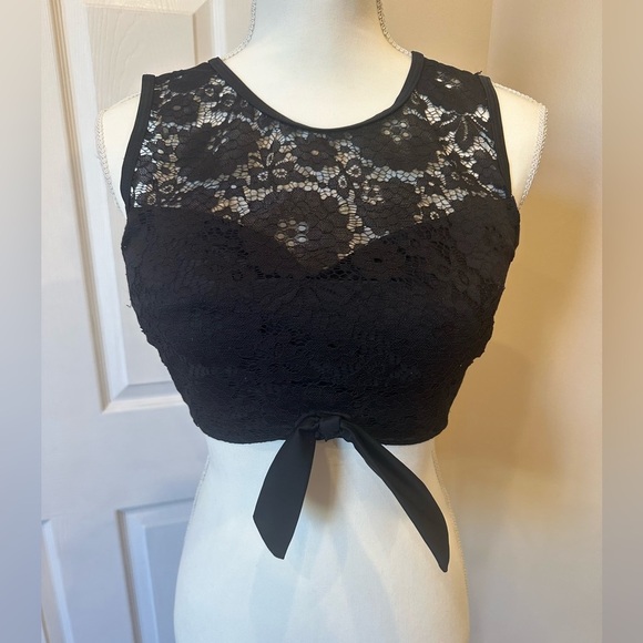 Black Lace Tie-Front Sheer Crop Bikini Swim Top Size Small - Picture 2 of 5